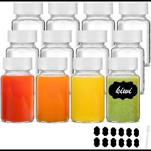 Famanu - Set van 12 mini-shotflessen 60 ml met witte dop, etiketten en pen, geschikt voor likeur, gember en jenever – Transparant