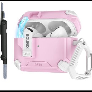 Sounix Hoesje geschikt voor Airpods Pro 1 / 2 - Met schoonmaak borstel - Airpods Pro Hoesje - Armor Case met Lock - Wit /Rose