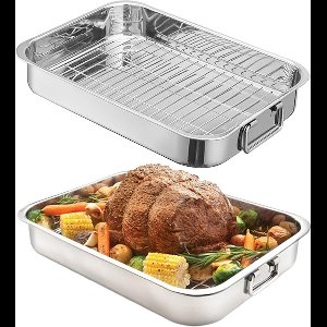 Braadslede met Rooster XL van RVS, Ovenschaal voor Kalkoen, Kip en Ham, Vaatwasserbestendig, Zilver 25*18*5CM