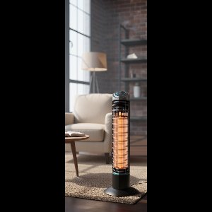 Elektrische Buitenverwarming Toren 1000W – Novihome ReadyHeat Power Tower – Terrasverwarmer met Halogeentechnologie, Oscillerend, Timer, Afstandsbediening, IP55, 29,5x29,5x10,5 cm – Stijlvolle Zwarte Staande Heater voor Terras & Tuin