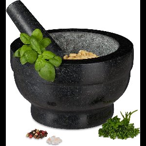 Famanu – Extra grote granieten vijzel en stamper, zwaar en stabiel ontwerp voor kruiden, specerijen en pesto, Ø 20 cm, inhoud 1 liter