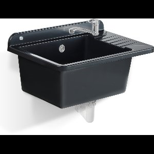 GOSPO Gootsteen van polystyreen, 50,5 x 34,5 cm, spoelbak met legplank, wastafel voor werkplaatsen, garages en bijkeuken (zwart, met kraan)