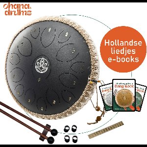 Ohana Drums® Tongue drum – Handpan – 36 cm Ø – Onyx Zwart – Klankschaal – 15 noten – Yoga Drum – Muziekinstrument voor kinderen - Chakra meditatie en ontspanning - Incl. Hollandse liedjes e-book