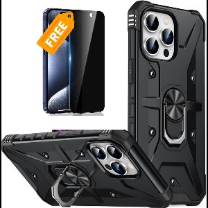 For iPhone 15 Pro Ring Holder Phone Case(Black) + Free Privacy Tampered Glass