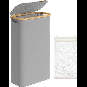 FurnStar - Wasmand - 65 liter - wasverzamelaar met deksel - opvouwbaar - uitneembare waszak - Oxford-weefsel - handgrepen van bamboe - inklapbaar - 42 x 22,5 x 70,5 cm - duifgrijs