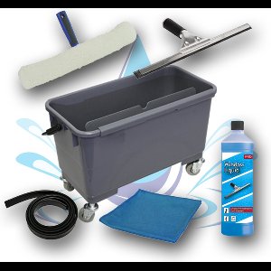 PREMIUM Professionele Glasreinigingsset 7in1 - Emmer met wielen, Window Liquid., Inwasser, Raamwisser 35cm