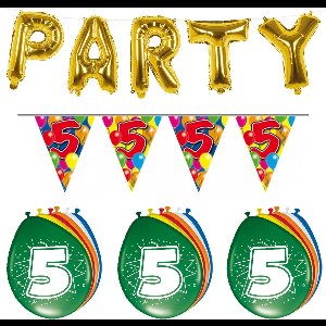 Folat - Verjaardag feestversiering 5 jaar PARTY letters en 16x ballonnen met 2x plastic vlaggetjes