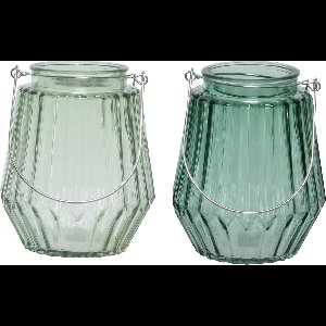 Set van 2x stuks theelichthouders/waxinelichthouders streep glas zeegroen en mistgroen met metalen handvat 11 x 13 cm