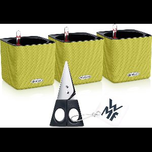 LECHUZA CUBE Color 14 - Plantenbak - met uitneembare binnenbak - met bewateringssysteem - ALL-IN-ONE set - limoengroen - LIMITED EDITION SET van 3 CUBE color 14 plantenbakken met WMF kruidenschaartje -