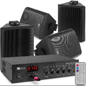 Power Dynamics PBA30 100V geluidsinstallatie met 4 zwarte weerbestendige 5 inch opbouw speakers