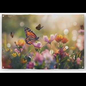 Prachtige Tuinposter bloemen 120x80 cm met vlinders en zonsondergang op een mooie zomerdag; Tuinschilderij, Schuttingposter, Schuttingdoek, Schutting decoratie, Tuindecoratie - tuinposter vlinder - tuinposters bloemen - tuinposter natuur