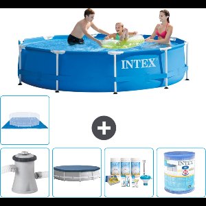 Intex Rond Frame Zwembad - 305 x 76 cm - Blauw - Inclusief Pomp Afdekzeil - Onderhoudspakket - Filter - Grondzeil - Solar Mat