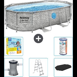 Bestway Ovaal Power Steel Swim Vista Zwembad - Steenprint - 427 x 250 x 100 - Inclusief Pomp - Ladder - Afdekzeil Onderhoudspakket - Filter