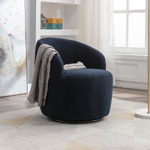 Teddy Stoffen Draaibare Fauteuil - Barrel Stoel met Zwarte Poeder Coating Metalen Ring - Blauw