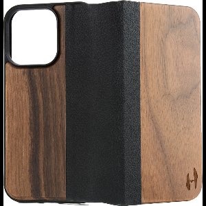Houten design flip case, iPhone 14 pro– Noten met zwart leer