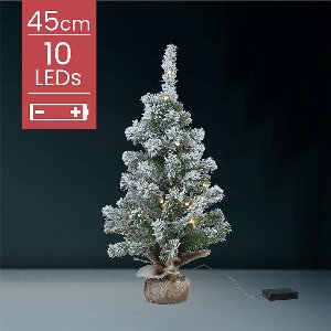 Kleine Kunstkerstboom - In Jute Zak - 45 CM - 10 LED - Batterij - Sneeuw