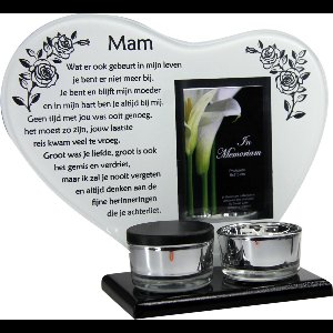 Waxinehouder in memoriam overleden glas hart met mini urn gedicht Mam...