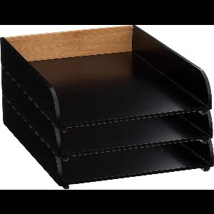 5Five Kantoor postbakje/brievenbak - 3x - A4 formaat - stapelbaar - zwart - bamboe hout