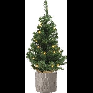 Volle mini kerstboom groen in jute zak met verlichting 60 cm - Inclusief taupe plantenpot 12,5 x 13,5 cm - Kunstboompjes