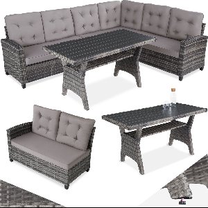 tectake® Wicker zitgroep tuinbank - Loungeset met bank en eettafel - Hoekbank - Buitenlounge - Zithoek - Weerbestendig - Tuin, balkon, wintertuin, terras - Zithoogte 41 cm - Grijs