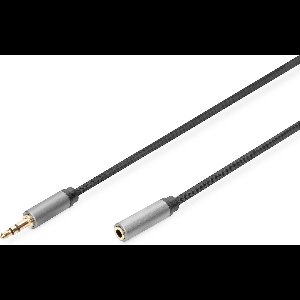 DIGITUS AUX-audiokabel stereo 3,5 mm, mannetje naar vrouwtje, aluminium behuizing, verguld, nylon omhulsel, 1 m