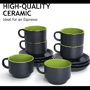 6 x 75 ml aardewerk espresso mok/mokken set zwarte buitenkant kleurrijke binnenkant (Groen)