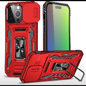 Podec Hoesje geschikt voor iPhone 15 Pro Rood Telefoonhoesje - Anti-Shock Case Cover Hybrid Armor Hoes met Kickstand Ring met Screenprotector
