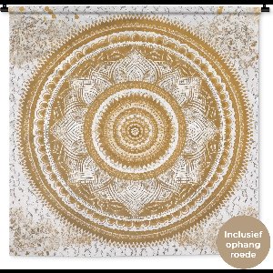Wandkleed - Wanddoek - Mandala - Bloemen - Goud - Wit - Design - 120x120 cm - Wandtapijt