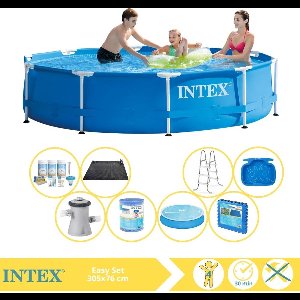 Intex Metal Frame Zwembad - Opzetzwembad - 305x76 cm - Inclusief Solarzeil, Onderhoudspakket, Zwembadpomp, Filter, Solar Mat, Trap, Voetenbad en Zwembadtegels