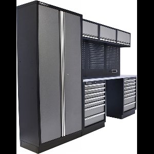 Kraftmeister werkplaatsinrichting - Werkbank met 3 wandkasten, 1 opbergkast en RVS werkblad - Werktafel met 14 laden en gereedschapswand - Complete set voor werkplaats of garage - Grijs