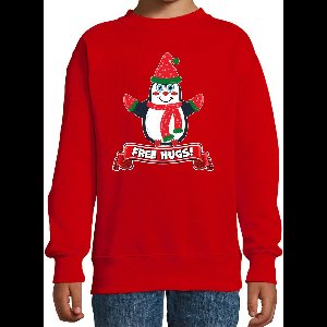 Bellatio Decorations Kersttrui/sweater voor jongens/meisjes - free hugs - rood - Kerst pinguin 170/176