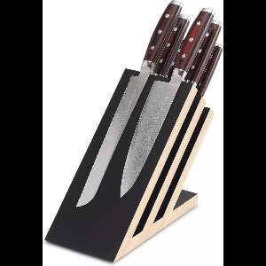 Yaxell Super Gou Messenset – 7-delig – Magnetisch Beukenhouten Messenblok met 6 Messen – 161 Lagen Damaststaal – SG2 Staal – 63 HRC – Canvas-Micarta Heft