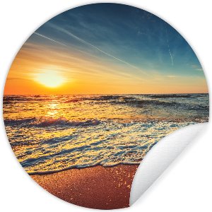 WallCircle - Muurstickers - Behangcirkel - Strand - Zee - Zonsondergang - Goud - 100x100 cm - Muurcirkel - Zelfklevend - Ronde Behangsticker XXL