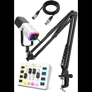 FIFINE - Starterspack 2.0 White - AM8T & SC3 - Podcast Starterspack - Gaming Streaming - Incl XLR Kabel - USB RGB Microfoon met Boom Arm - Streaming Deck - DJ Mixer