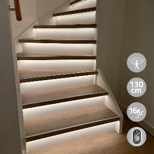 Trapverlichting led bewegingssensor set - Led strips 130 cm met helder wit licht - Set in zwart profiel voor max. 16 treden - Bedienen via dimmer