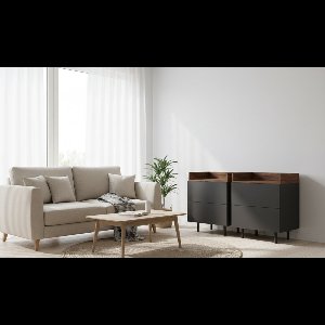 Nachtkastje met Laden Anika – Modern Nachtkastje Antraciet/Walnoot 2 Laden met Push-to-Open Systeem – Houten Nachtkastje met Metalen Poten – Slaapkamer Bijzettafel 54x40x68 cm — Medahomestore