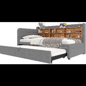 Merax Logeerbed 90x200 - Uitschuifbaar Slaapbank Design 180x200 - Gestoffeerd in Linnen - USB en Type-C Opladen - Met Houten Lattenbodem - Grijs
