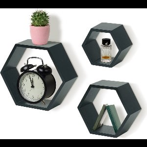 IvoQ Hexagon Wandplanken – Zwart – Set van 3 – Zwevende Wandplanken – Grenenhout – Modern Scandinavisch Design