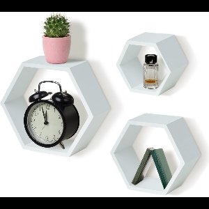 IvoQ Wandplanken Hexagon – Set van 3 – Hout – Wit Grenenhout – Zwevende Muurplanken – Inclusief Bevestiging
