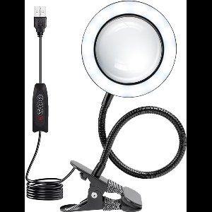 TRANSNECT® - Loeplamp met LED Verlichting - 10x Vergroting - Dimbaar - USB Aansluiting - met Metalen Tafelklem - voor Thuis, Kantoor, Slaapkamer, Lezen, Werken, Studeren - Zwart