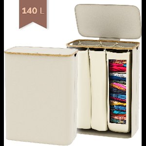 Wasmand – Opvouwbare Wasmand met Deksel – Houten Rand – Beige – IN-HOMEXL Modena - 57×37×75cm