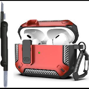 Sounix Hoesje geschikt voor Airpods Pro 1 / 2 - Met schoonmaak borstel - Airpods Pro Hoesje - Armor Case met Lock - Rood