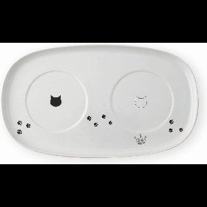 Katten dienblad - dubbel voor twee katten voerbakjes - wit - porselein dienblad