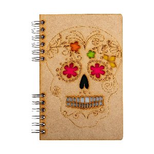 KOMONI - Duurzaam houten Schetsboek - Gerecycled papier - Navulbaar - A6 - Blanco -   Doodshoofd