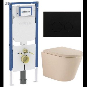 QeramiQ Dely Toiletset - 36.3x51.7cm - diepspoel - rimless - Geberit UP720 inbouwreservoir - softclose toilet zitting 35 mm - metaal mat zwarte bedieningsplaat - ronde knoppen - mat beige