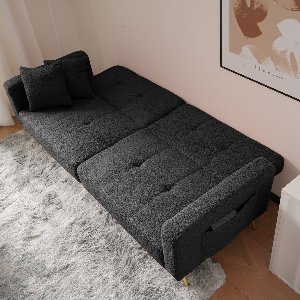 Slaapbank met slaapfunctie - verstelbare hoeken - gouden poten - met kussen en zijopbergvak - donkergrijs