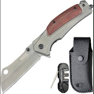 AdroitGoods Tactisch RVS zakmes met grijs titaniumlook en hout, incl. hoes en slijptool - Premium Outdoor Opvouwbaar Zakmes – 19 cm Vouwmes met 9 cm 3Cr13 RVS Snede, 3.0 mm Dikke Titaniumgrijze Coating