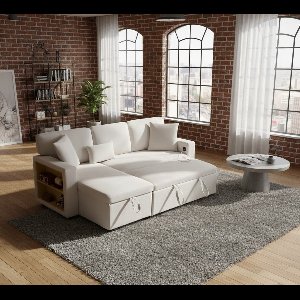 Luxe L-Vorm Slaapbank 3-Zits met USB-Aansluiting, Opbergruimte & Uitschuifbaar Bed – Hoekbank met Bettkasten, Ingebouwd Rek & Slaapfunctie – Moderne Sofa voor Woonkamer – Beige Depauwwonen