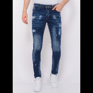 Men's Paint Splatter Stonewashed Jeans - Slim Fit -1077- Blauw