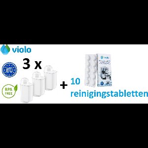 VIOLO waterfilter voor SIEMENS BOSCH koffiemachines, filtervervanging 3 stuks + VIOLO Reinigingstabletten voor koffiemachines 10 tabletten